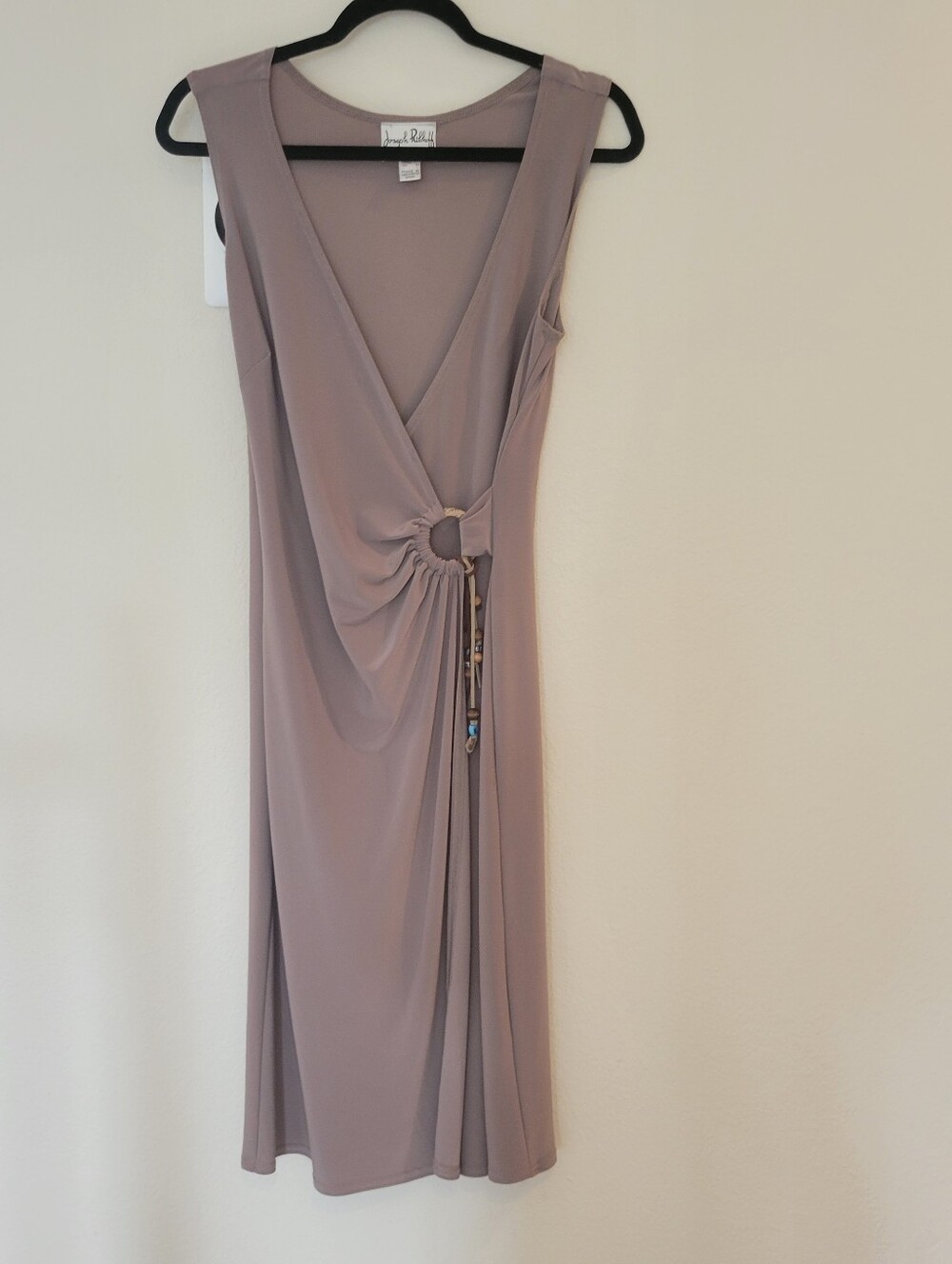 Joseph Ribkoff Taupe Sleeveless Pleated Faux Wrap Midi Dress Ladies Size 6.